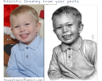 CUSTOM PENCIL PORTRAIT from Photo, Hyperrealistic Customized Pencil Portrait of Children, Personalized Child Drawing in Black and White