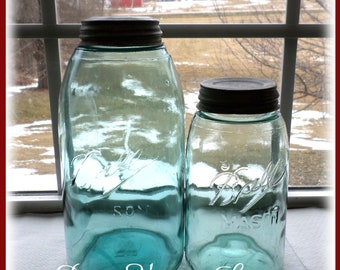 2 Blue Ball Mason Jars Vintage Canning Jars HALF GALLON and QUART Size