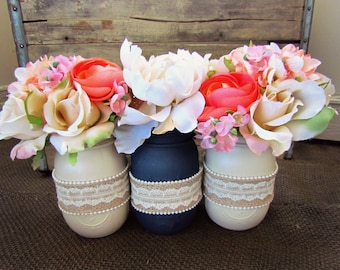Set of Three Painted Mason Jars - Creme, Navy