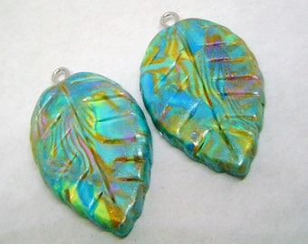 Colorful Leaf Charms Handmade Artisan Polymer Clay Charm Pair