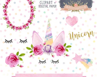 Magical Unicorns, Gold Glitter Unicorns, Magical Unicorn scrapbook papers, pastel papers, Rainbow digital paper, Unicorn Digital Paper Pack