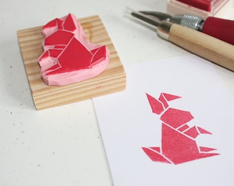 Hand-carved rubber stamp - Origami Rabbit
