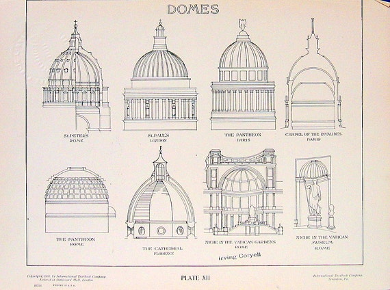 Architectural Drawings Domes 1906 Vintage Book Plate