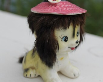 Vintage Adorable Fur Trimmed California Creations Puppy Figurine by Bradley Japan