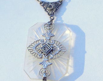 Vintage Quartz Crystal Camphor Glass, Diamond Necklace, Sterling Silver, Victorian, Art Deco Style