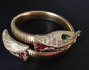 Crown Trifari Snake Bracelet, Vintage Jewelry, Green & Red Rhinestone Serpent Wrap Bracelet, Vintage Egyptian Revival Bypass Bracelet