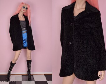 90s Black Faux Persian Lamb Fur Coat/ US 6/ 1990s/ Jacket