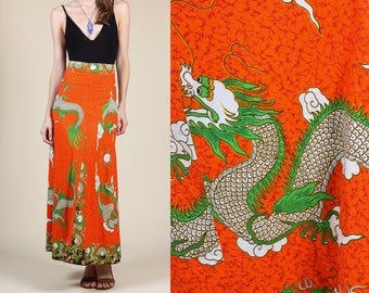 70s Dragon Skirt | Vintage A Line Boho High Waist A Line Maxi - XS