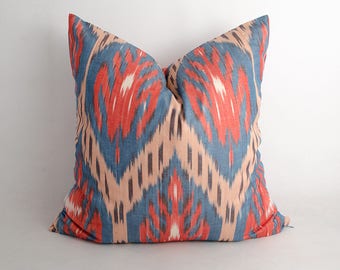 20x20 ikat cushion cover. ikat pillow cover, red, blue, decorative pillow, sofa pillow, throw pillow, ikat design