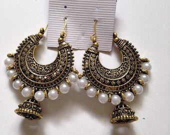 Gold Oxidized Indian White Pearl Earrings Jhumki ,Antique Gold Jhumka Earring