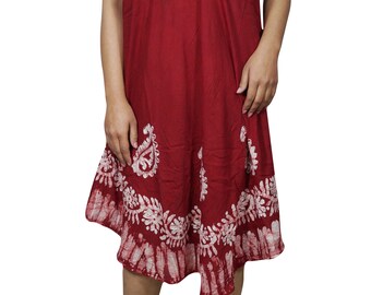 Bright Red Sleeveless Summer Dress Batik Embroidered Hippie Chic Loose Flared Sundress XL
