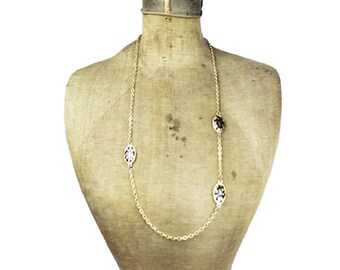Vintage Long Gold Chain Necklace with Tiger Stripe Beads, Animal Print Chunky Gold Chain Necklace, Long Gold Necklace