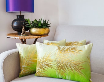Silk Cushion, Kimono Pillow in Green Silk, Gold Accent Cushion, Pine Tree, Ombre Pillow, Luxury Home Decor, Upcycled Japanese Obi, Exclusive