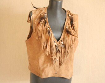 HB suede vest BOHO vest Native American Indians vest Festival fringe feathers vest Hippie Bohemian vest Vintage Southvest WESTERN cloth