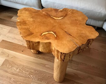 Wooden Solid Slab Live Edge Coffee Table with 3 Solid Log Legs