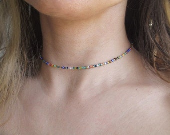 beaded choker necklace, beaded choker, rainbow choker, seed bead choker, chocker, adjustable choker