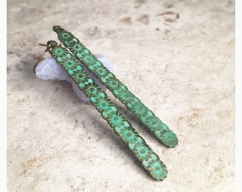 Long verdigris daisy earrings. Long flower earrings. Long verdigris rectangle flower earrings. boho daisy earrings. Long daisy earrings.