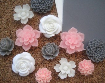 Flower Thumbtacks, 12 Pink, White and Gray Push Pins, Bulletin Board Tacks, Pink and White Wedding Decor, Gifts, Housewarming Gift