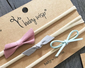 Baby Wisp® Set of 3 Headbands, Faux Suede Bows, Tiny Bows, Baby Headbands, Infant Headbands, Nylon Headband, Baby Girl Gift, Dainty Bows