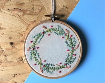 Floral Wreath Embroidery in Wooden Hoop, 4 inch Diameter