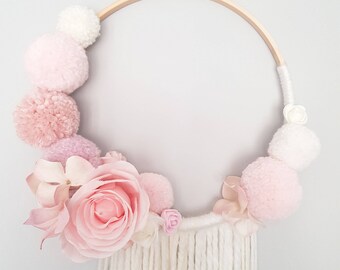 Pompom Floral Wall Hanging, Dream catcher, Nursery Decor, Baby Shower Decorations, Girl Nursery