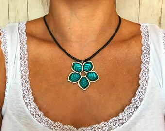 Turquoise Leather Necklace Leather Choker Necklace for Women Necklace Boho Choker Flower Necklace Pendant Leather Necklace Turquoise Jewelry