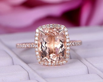 3ct Big Morganite Engagement ring/diamond wedding ring in 14k rose gold/Oval cut morganite ring/Claw Prongs/Halo stacking/Anniversary ring