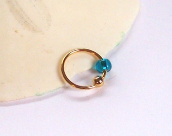 Rose or Yellow Gold - Tragus Helix Snug Cartilage Rook - Upper Ear Percing - Beaded Captive Ring - Teal Glass Bead - CBR 18 Gauge 5/16" 3/8"