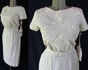 50s 60s Minx Modes Dress, Deadstock, Wiggle Dress, Linen, Lace Sheath Skirt