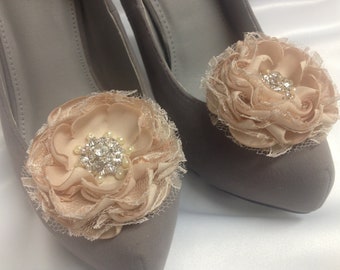 Champagne Wedding Flower Shoe Clips / Bridal Accessories / Hair Clips / Set of 2.