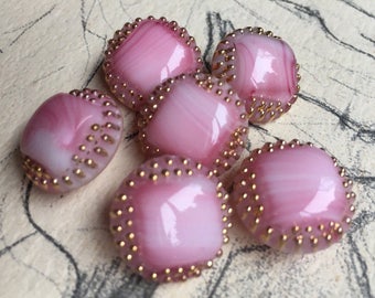6 Old pink striped glass buttons-high quality work-gold-color hand painted (034)