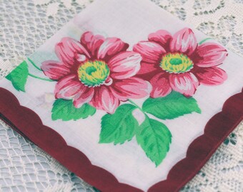 Vintage Hankie, Big Pink and Red Floewr on White #E9