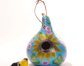 Hand painted Gourd Birdhouse, Sunflower and Summer Flowers, Decorative Gourd Art