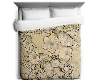 Peonies Alphonse Mucha Creme Floral Duvet Cover Art Nouveau- Made in USA