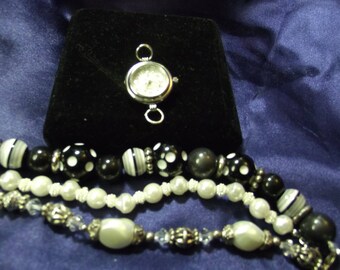 P Watch with 3 Beaded Bands Black & White B023-B051