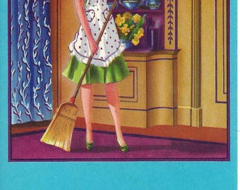 Vintage Stecher-Traung-Schmidt Broom Label with Woman Holding Broom, 1930's