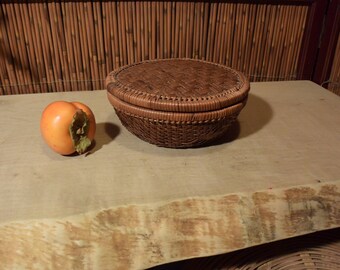 Vintage Asian Bamboo Straw Basket With Lid