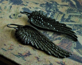 Small Black Guardian Angel Wing Earrings Ornate Antiqued