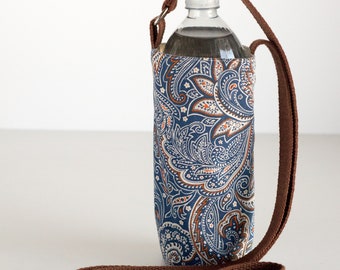 Blue Paisley Water Bottle Holder, Blue and Brown Water Bottle Sling, Crossbody, Blue, Brown, and Tan Cotton Fabrics, Handmade