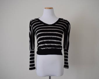 FREE usa SHIPPING velvet striped/ vintage blouse/ long sleeve/ scoop neck/ bohemian top/ festival/ black retro acrylic size S