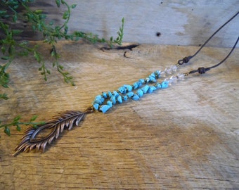 Long Boho Necklace, Turquoise with Feather Charm