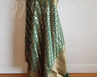 Emerald Green Banarsi Dupatta Emerald Green and Gold Scarve Emerald Green Banarsi Dupatta Bridal Green Banarsi Dupatta Non Bridal