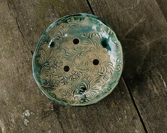 teal green soap dish with holes - teal soap dish - teal soap holder - teal ceramic soap dish - teal bathroom decor