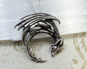 Dragon necklace. Sterling silver Dragon moon necklace. Dragon pendant. Man necklace. Mens gift. Drogon necklace. Game of Thrones pendant