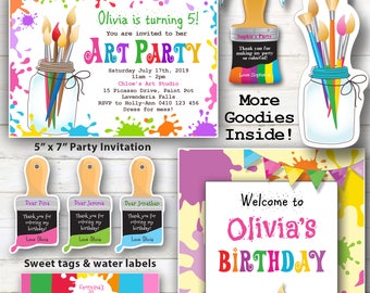 EDITABLE ART PARTY Printables, Art Party Invitation, Painting party, Craft Party Printables, Edit with Adobe Reader.