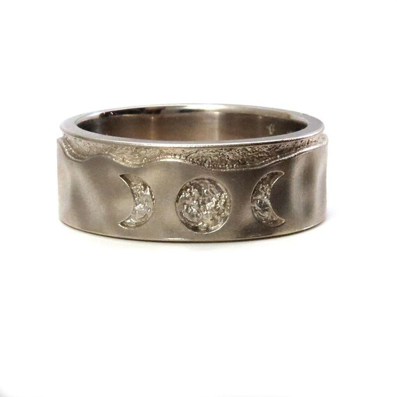 Mens White Gold Moon Phase Wedding Ring - Lunar Engagement Gold Band