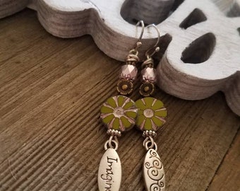 Springtime Green Flower Dangle Earrings with Glass Beads and Imagine Charm