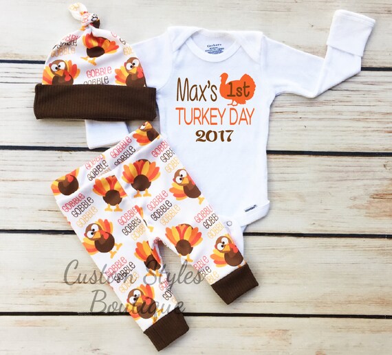 Baby Boys First Thanksgiving Outfit Personalized Name White