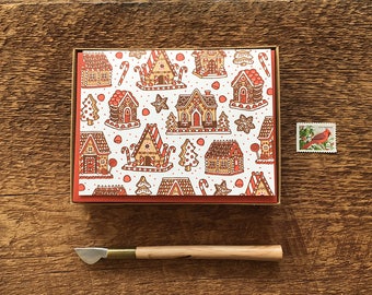 Gingerbread Houses Holiday Cards, Boxed Set of 8 Letterpress Holiday Cards, Christmas Cards
