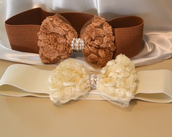 Bow cinch belt ,Wide elastic stretch corset belt, cinch belt with big bow, Brown elastic belt, Ivory elastic stretch belt, gift for her